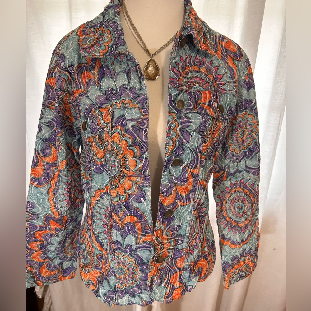 Analogy Women's Petite Floral Paisley Jacket Blazer Large Multicolor Textured